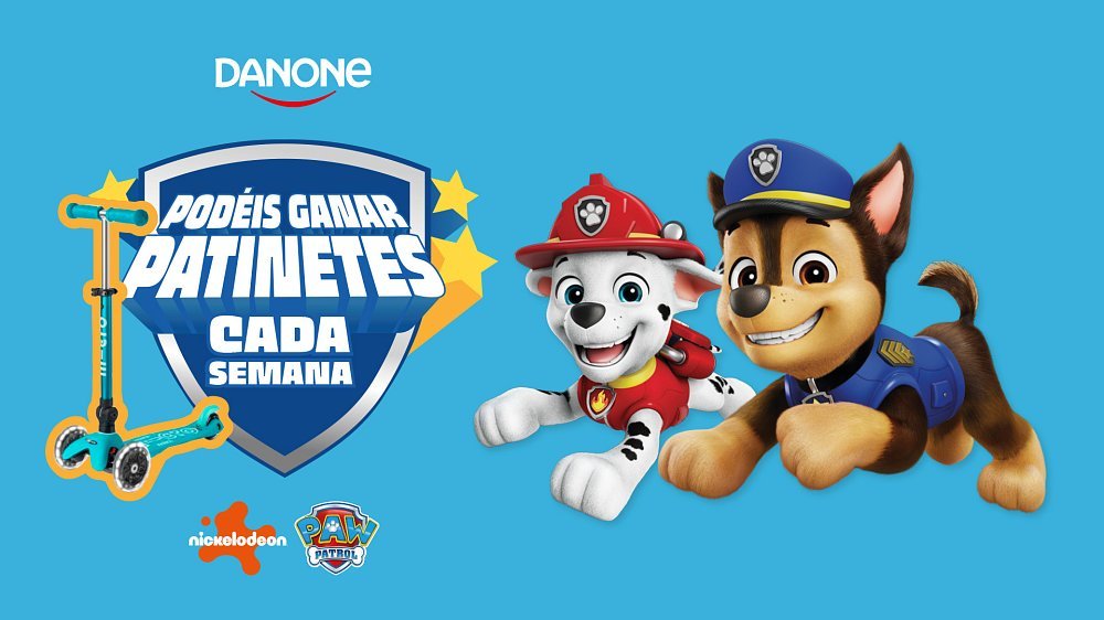 Imagen cuadrada del Concurso Danone 2025 con un patinete LED amarillo y azul, escudo de fondo con el texto “Podéis ganar patinetes cada semana” y un personaje de la Patrulla Canina.