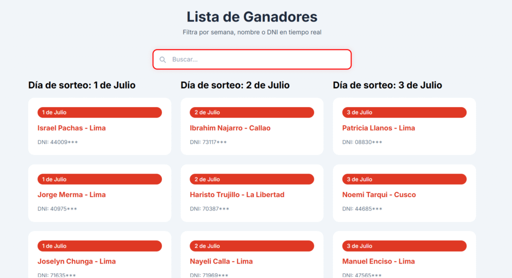 Pantalla con los ganadores de la Promo Costa 2025, organizados por fecha y lugar de residencia.