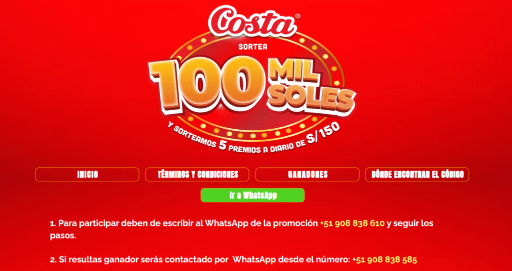 Imagen promocional del sorteo Costa 2025 con el texto “Sortea 100 mil soles y premios diarios de S/ 150”.