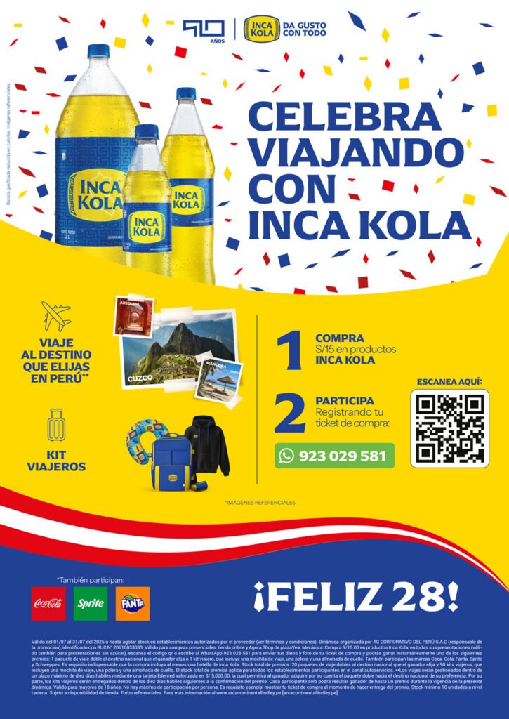 Imagen promocional del sorteo Inca Kola y PlazaVea 2025 con botellas del producto y texto