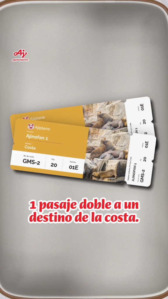 Imagen de boletos ficticios de avión con destino “Costa” y texto promocional que anuncia un pasaje doble a un destino costero en Perú, como parte del sorteo de Ajinomoto.