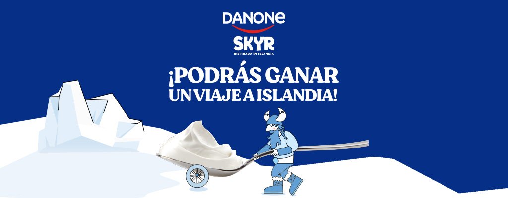 Ilustración promocional del sorteo Danone Skyr 2025, con un vikingo tirando una cuchara gigante de Skyr sobre un paisaje helado y mensaje “¡Podrás ganar un viaje a Islandia!”.