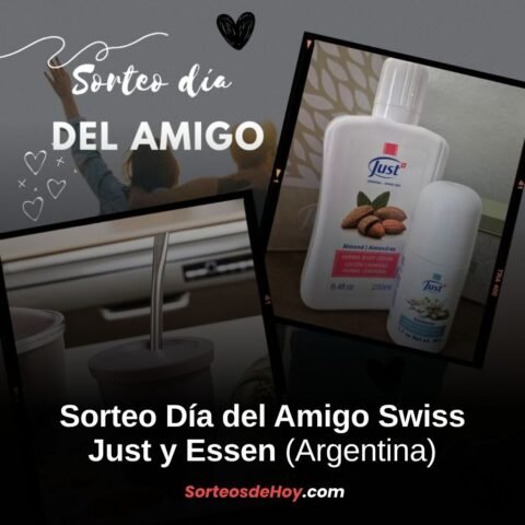 Imagen del sorteo Día del Amigo con productos Just (loción y desodorante) y set de mate Essen sobre fondo con corazones y amigos abrazados.