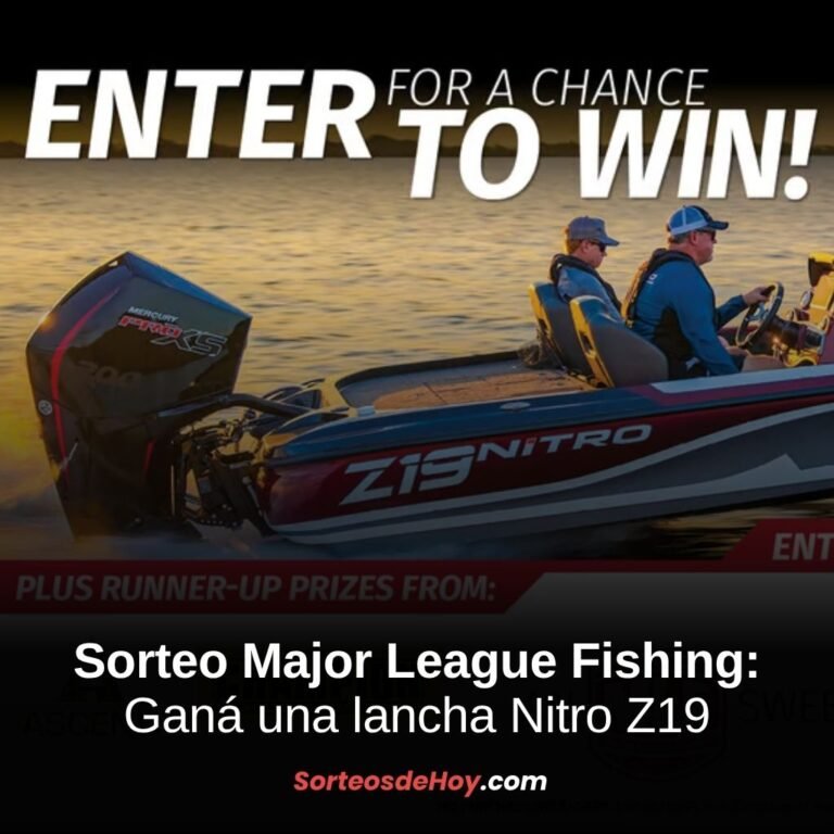 Visual del sorteo Major League Fishing 2025 con lancha Nitro Z19 sobre fondo de lago y logotipos de MLF y Bass Pro Shops.