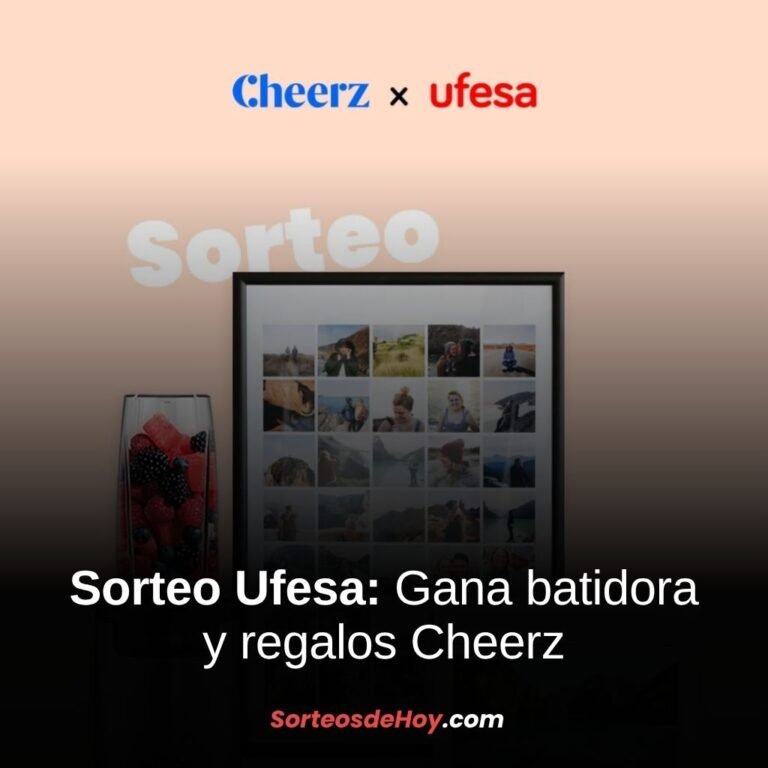 Imagen del sorteo Ufesa y Cheerz 2025 con batidora Ufesa Nutrimix, póster collage con fotos, álbum de viaje de Cheerz e impresiones fotográficas.